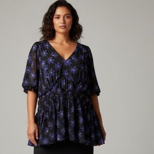 Ava & Viv 3X Black blue yellow Floral Smocked Peplum Top